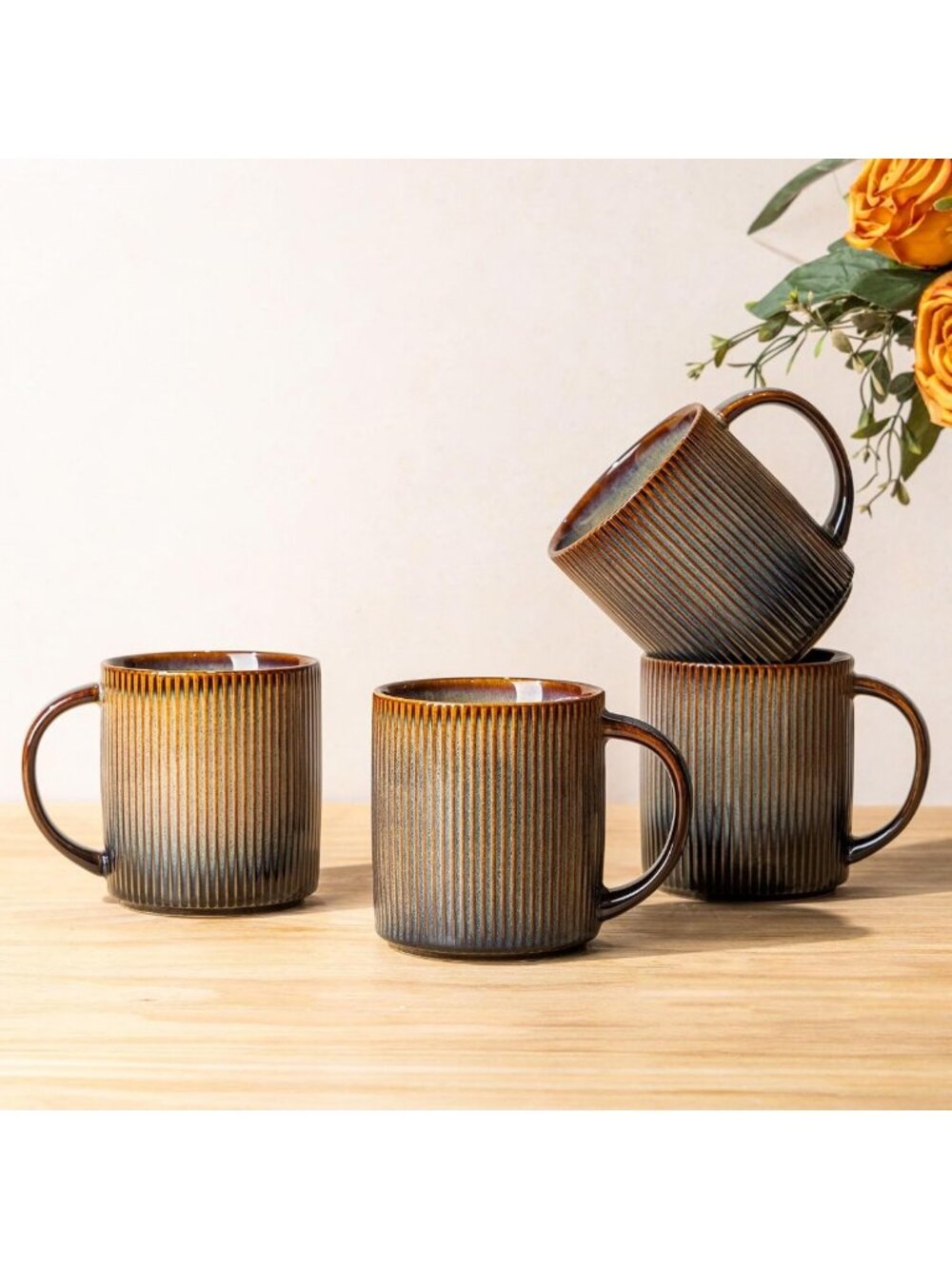 Set of 4 Ceramic Coffee Mugs, 14.2 oz Stylish Cups with Handle for Home & Office